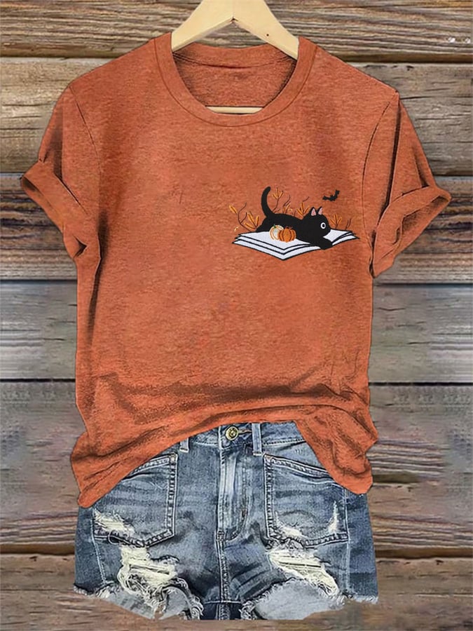 Women's Cute Cat Halloween Print Shirt