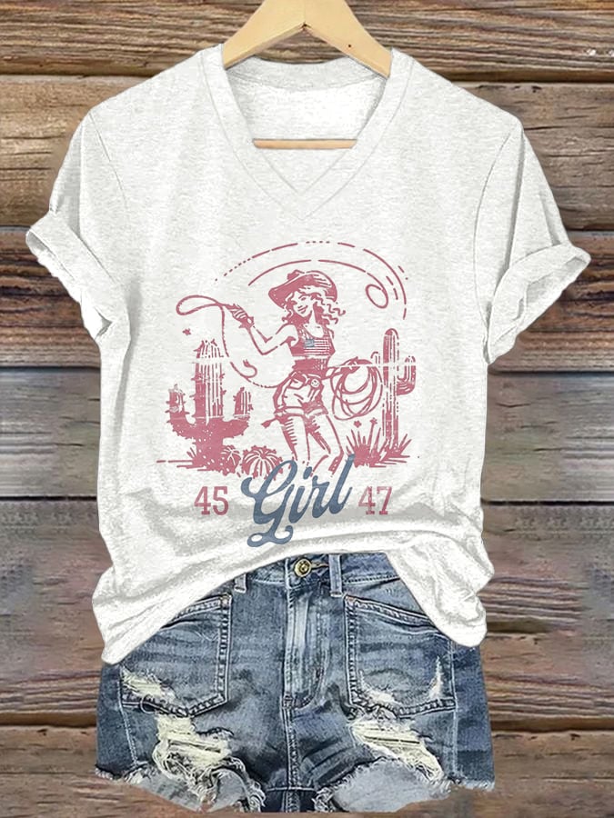 V-neck 45 47 Flag Western Cowboy Girl Cactus Print T-Shirt