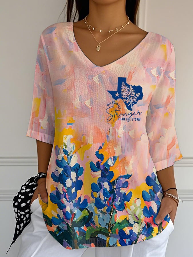 Women's Texas Hill Country Stronger Than The Storm Print Mid Sleeve T-Shirt