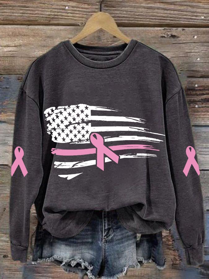 Women's Pink Ribbon Breast Cancer Awareness American Flag Sweatshirt