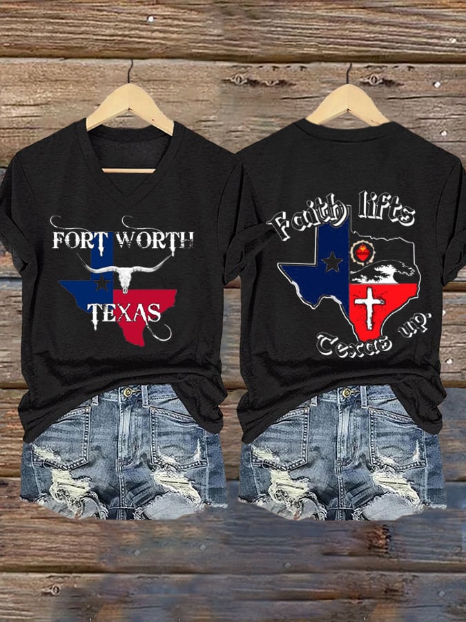 Women's Texas Flood Faith lifts  Texas up Print V-Neck T-Shirt