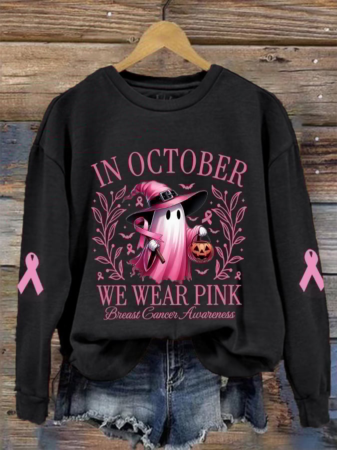 Women's In October We Wear Pink Halloween Ghost Breast Cancer Awareness Warrior Sweatshirt