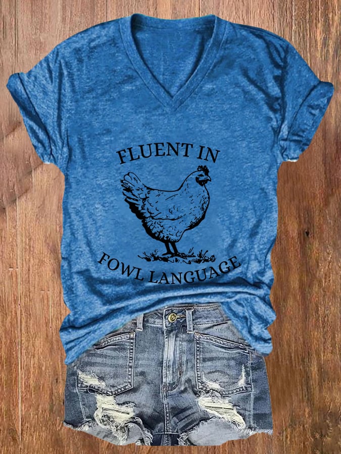 Women's Fluent In Fowl Language Print V-Neck Casual T-Shirt