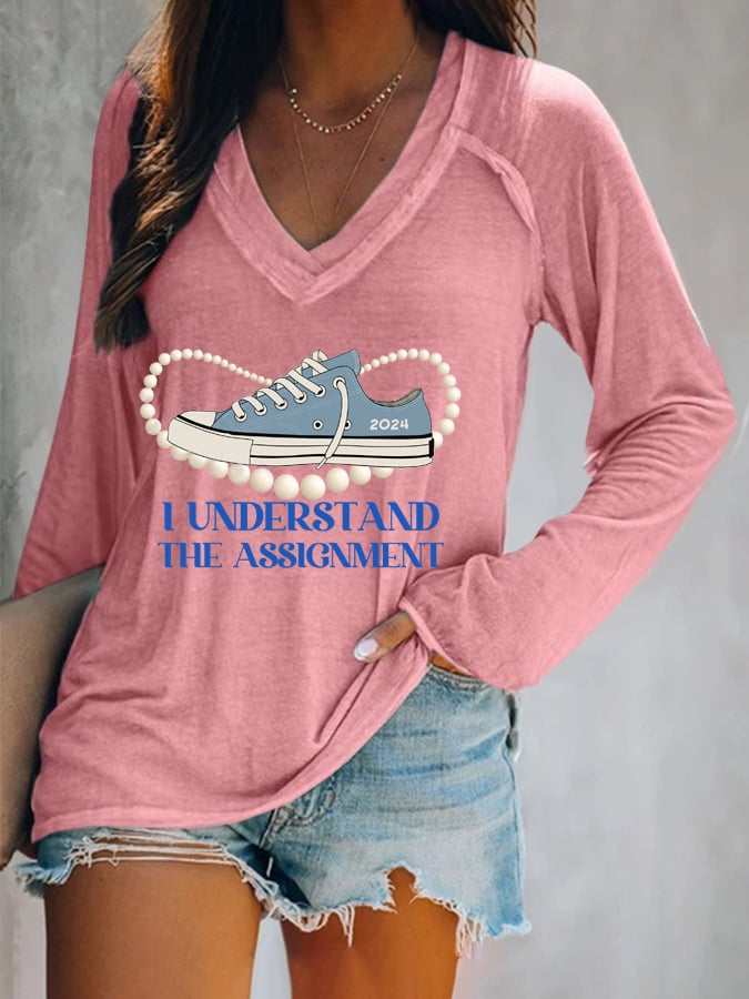 Women's I Understood The Assignment Print V Neck T-Shirt