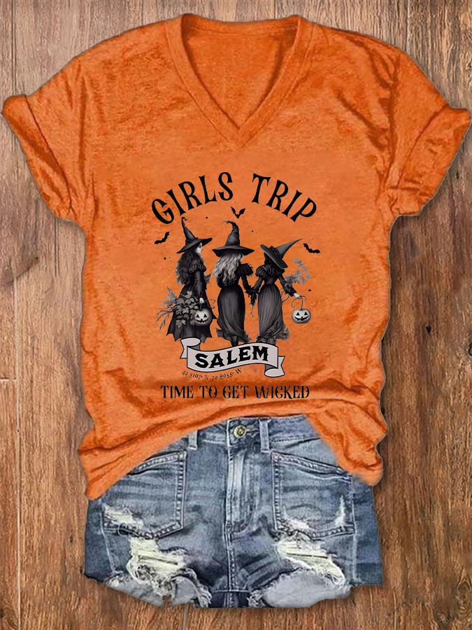 Women's Girls Trip Salem Printed Casual V Neck T-Shirt