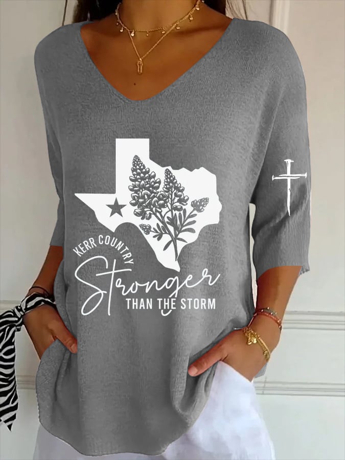 Women's Texas Flood Print Striped Fabric Casual V-Neck T-Shirt