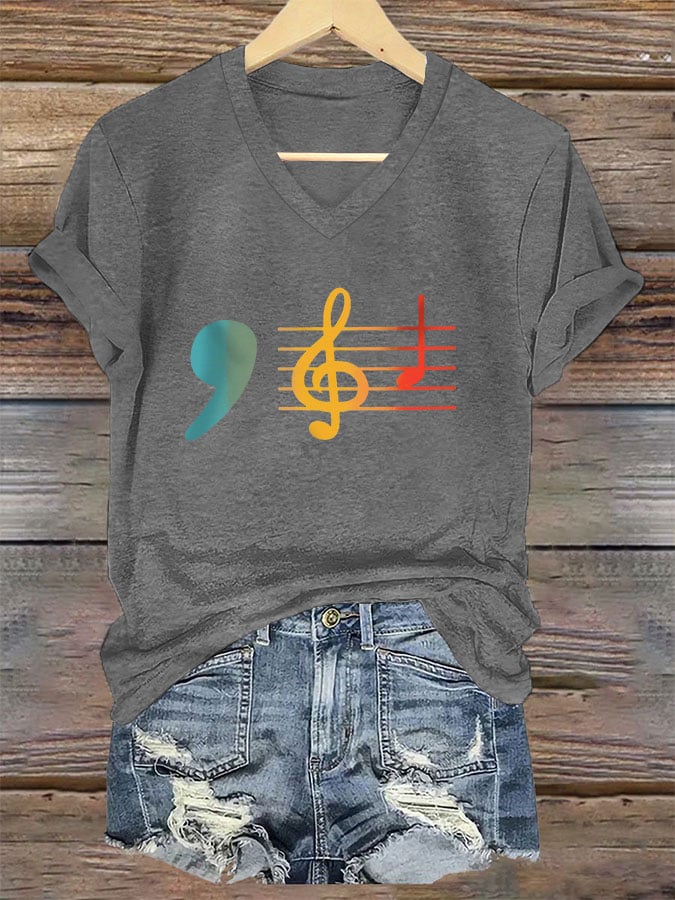 Women's La Music Print V-Neck T-Shirt