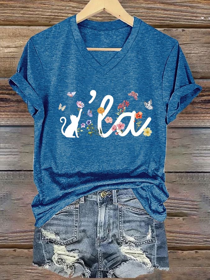 Women's Cute Cat La print casual T-shirt