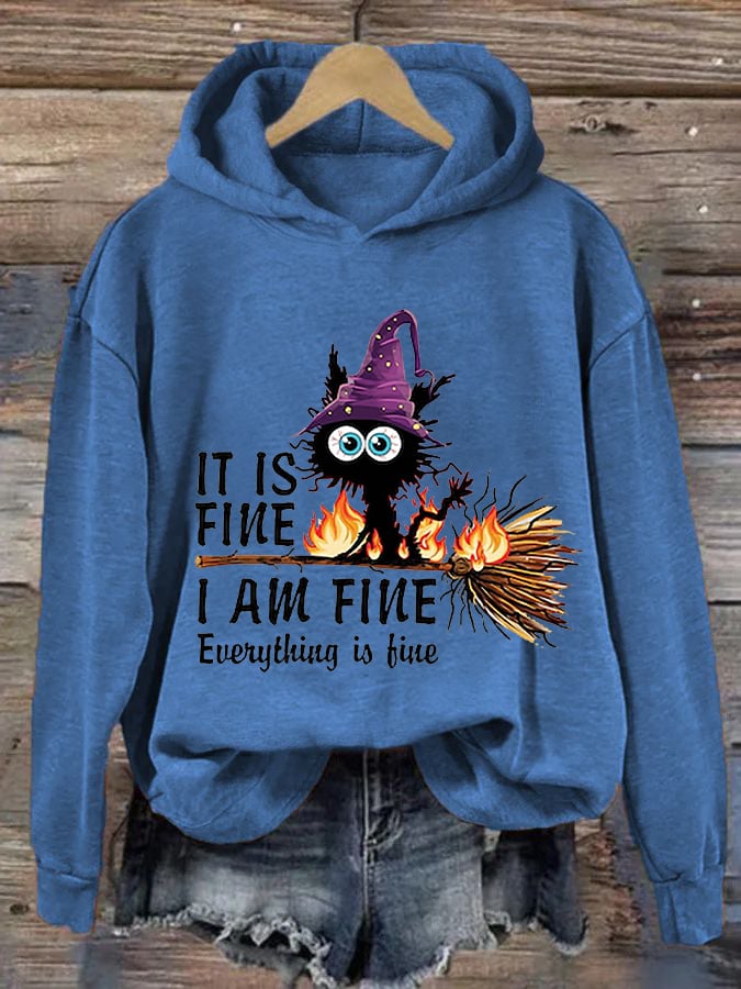Women's Funny Halloween It's Fine I'm FineBlack Cat Print Hoodie