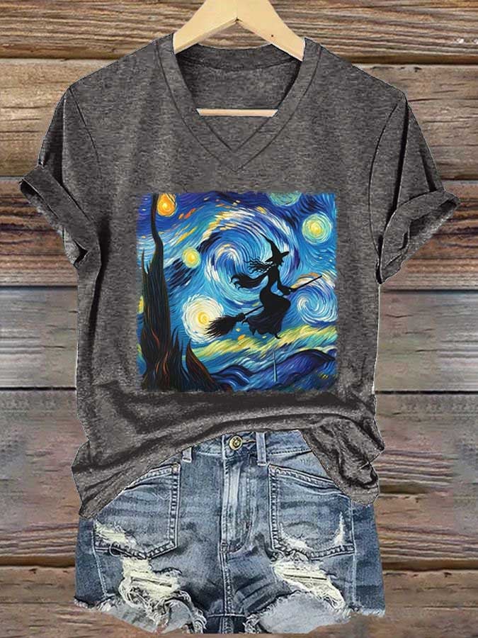 Women's Starry Night Flying Witch Print T-shirt