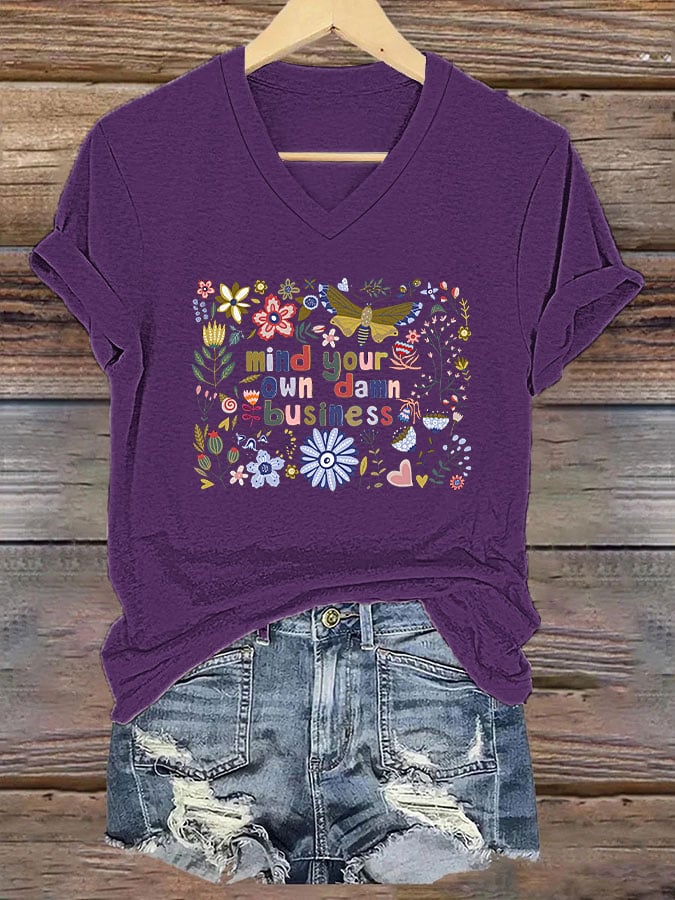 Women's Mind Your Own Damn Business Floral Print V-Neck T-Shirt