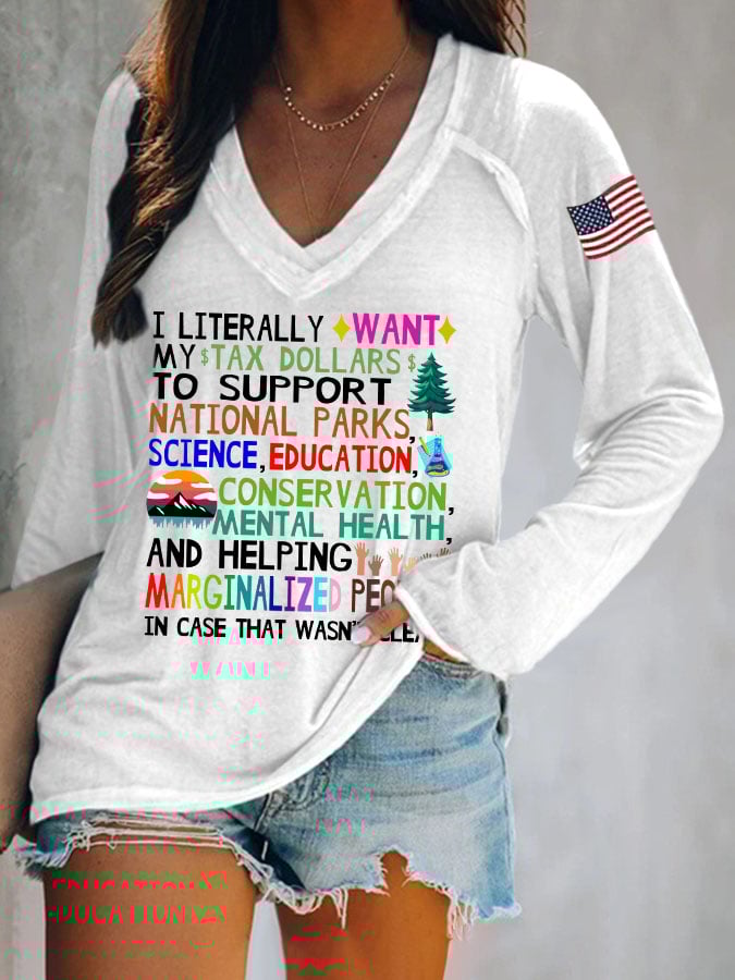 Women's Support National Parks Print V Neck Long Sleeve Shirt