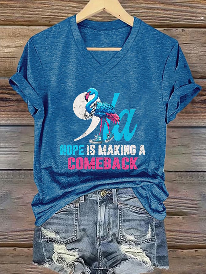 Women's Funny Comma La Hope-Is-Making-A-Comeback Chucks And Pearls Blue Flamingo Print T-Shirt