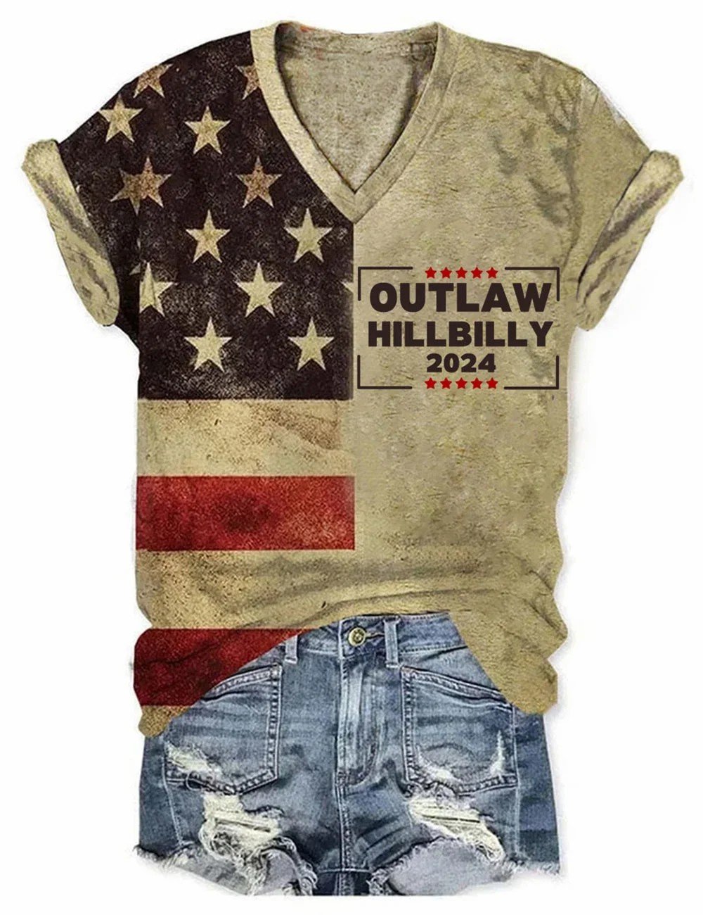 Women's Outlaw Hillbilly America 2024 Print V-Neck Tee
