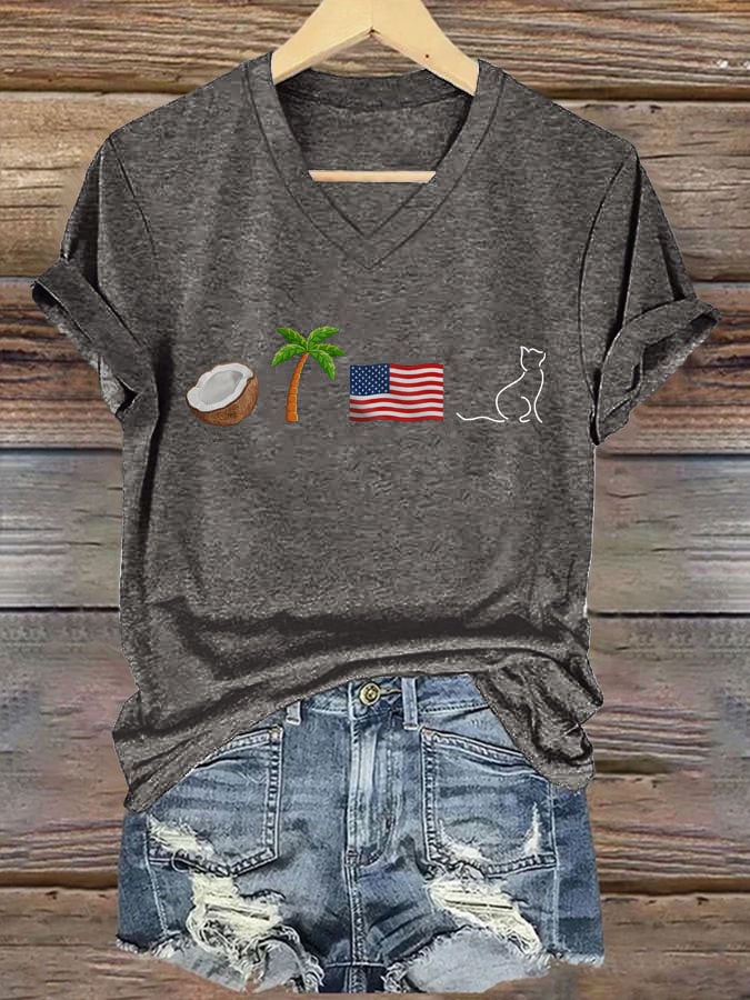 Women's Coconut Palm Tree Flag And Cat Printed Casual V-Neck T-Shirt
