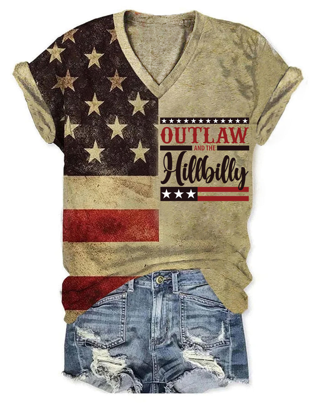 Women's Outlaw Hillbilly Print America V Neck T-Shirt