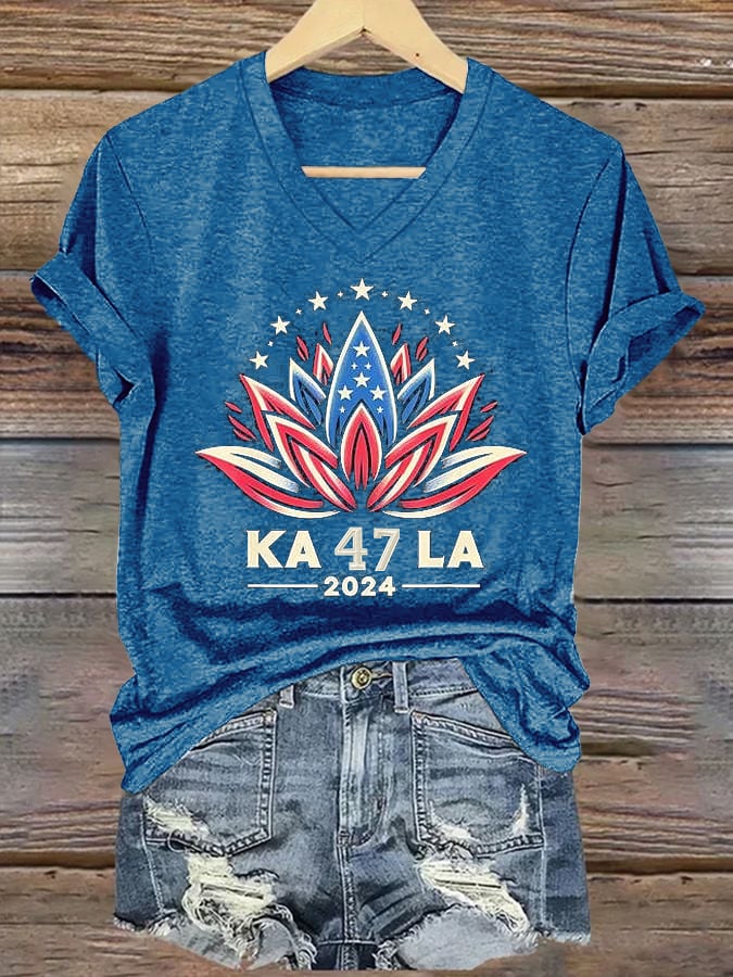Lotus La Printed Casual V Neck T-Shirt