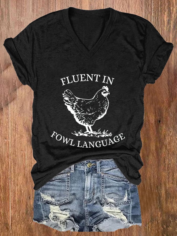 Women's Fluent In Fowl Language Print V-Neck Casual T-Shirt