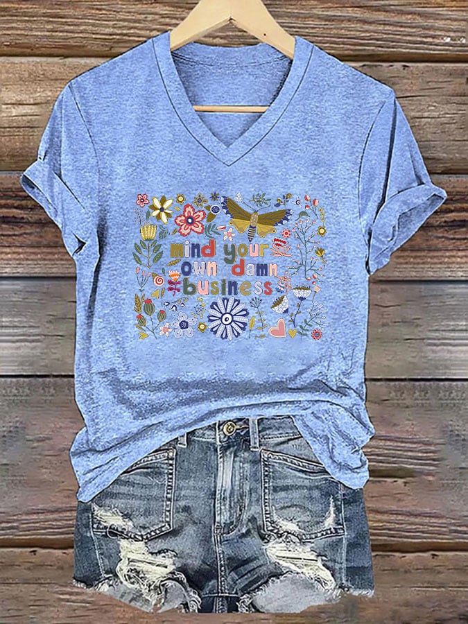 Women's Mind Your Own Damn Business Floral Print V-Neck T-Shirt