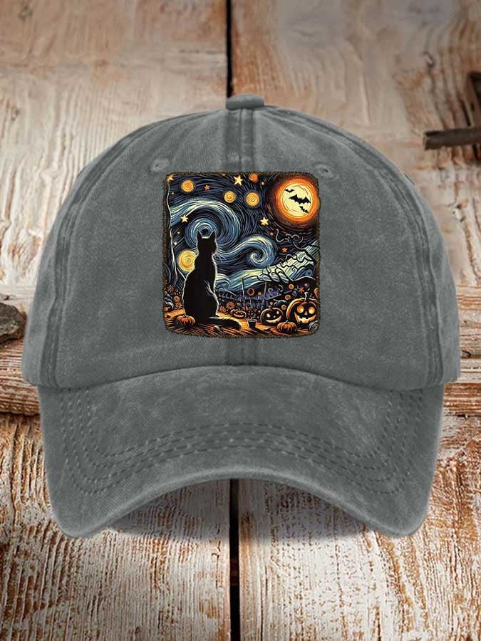 Retro Halloween Van Gogh Starry Night Cat Pumpkins Print Baseball Cap