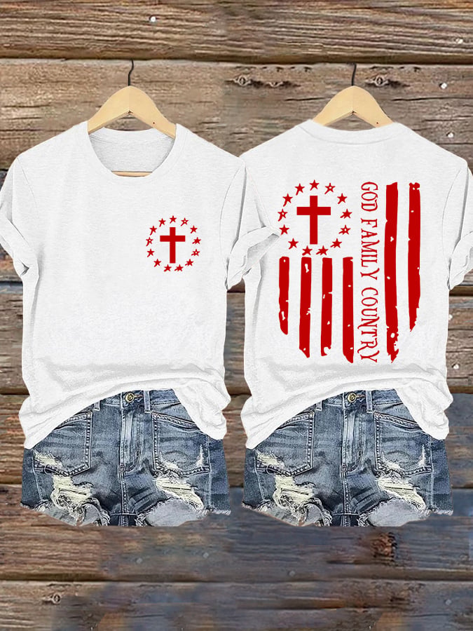 Retro Faith Cross God Family Country Print T-Shirt