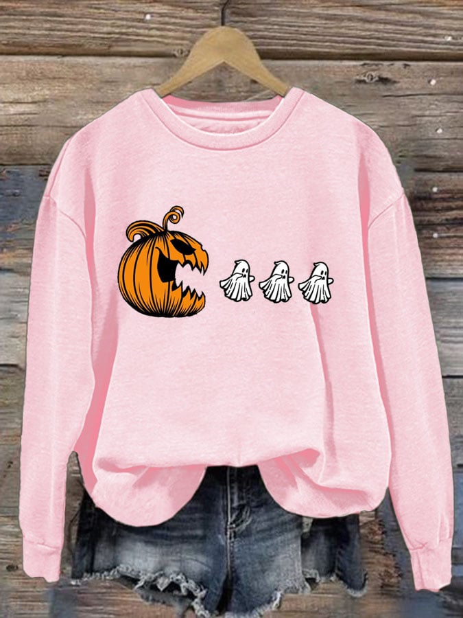Women's Pumpkin Chasing Ghosts Print Round Neck Sweatshirt