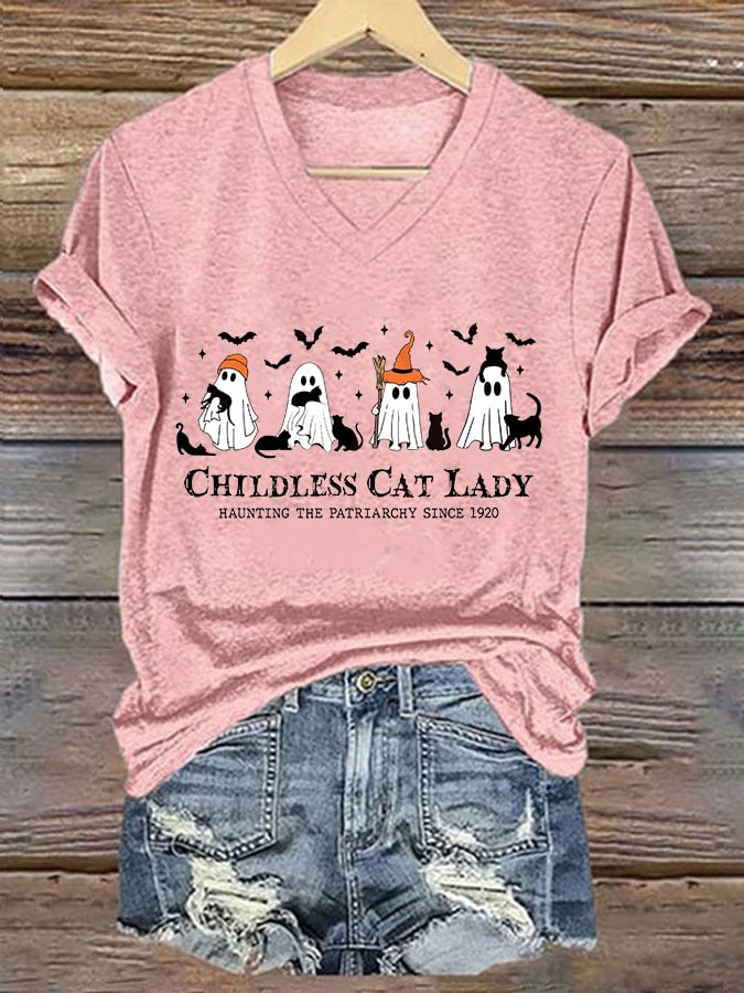 Women's Halloween Childless Cat Lady Print T-Shirt
