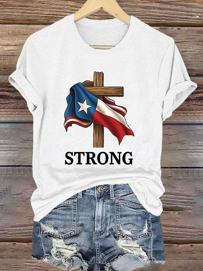 Retro Texas Strong Faith Cross Print T-Shirt