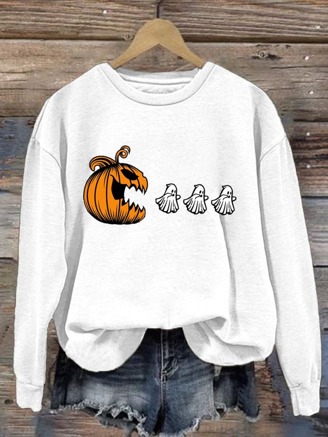Women's Pumpkin Chasing Ghosts Print Round Neck Sweatshirt