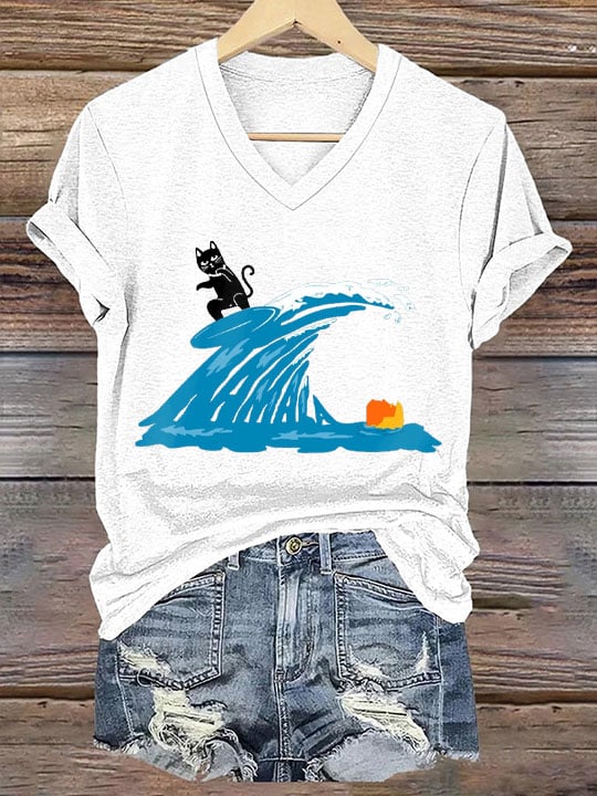 Women's Blue Wave And Black Cat Printed V-Neck T-Shirt