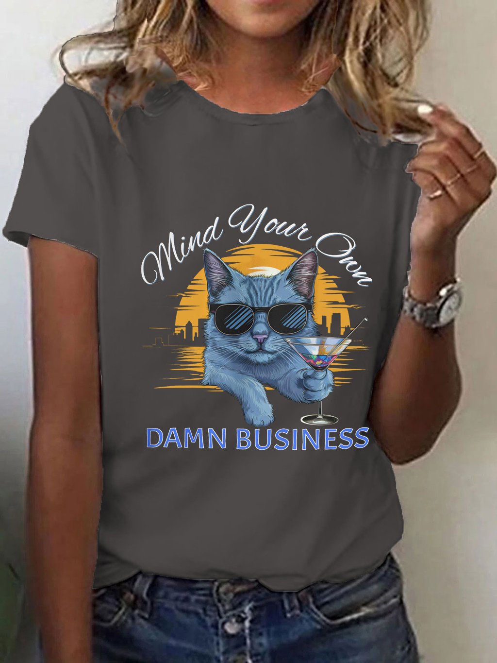 Women's Mind Your Own Damn Business Cat Print T-Shirt