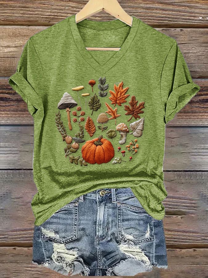 Halloween Pumpkin Maple Leaf Print T-Shirt