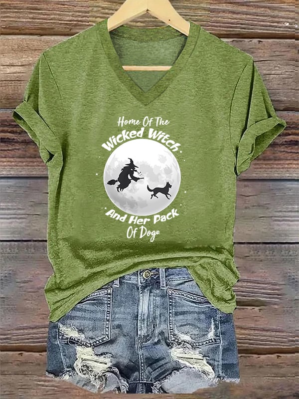 Home Of The Wicked Witch And Her Pack Of Dogs Print V Neck T-Shirt