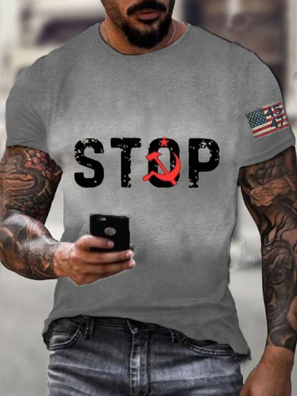 Men's  Stop Communism 45 47 Flag Print Short Sleeve T-shirt