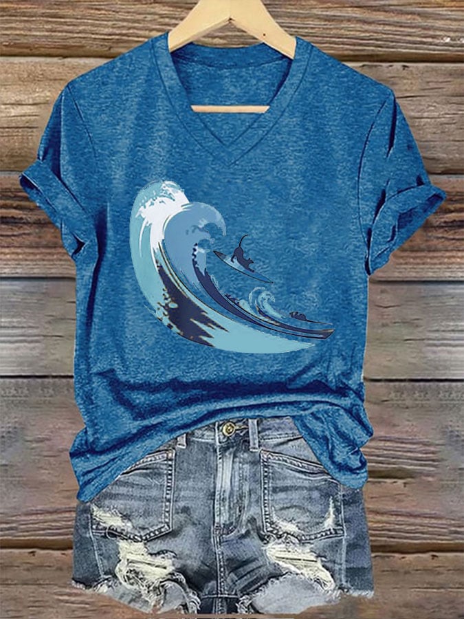 Women's Surfing Cat&Blue Wave Print T-Shirt