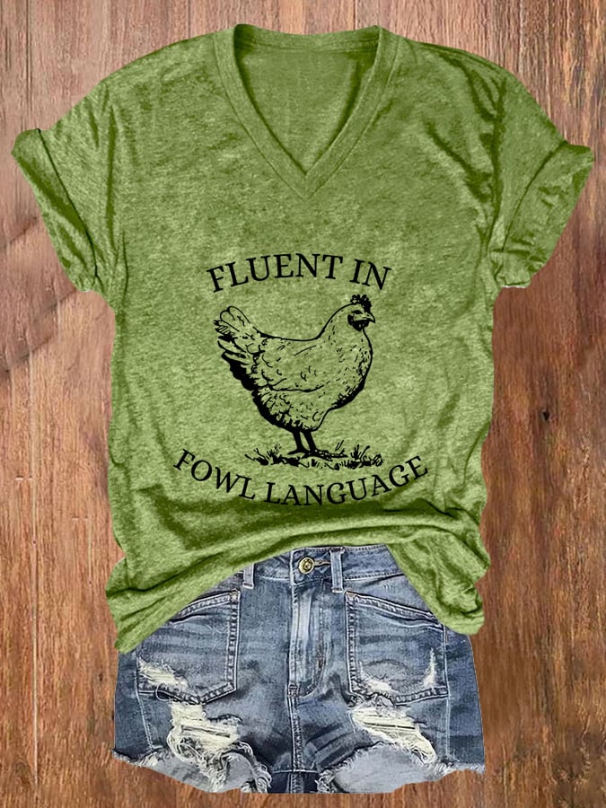 Women's Fluent In Fowl Language Print V-Neck Casual T-Shirt