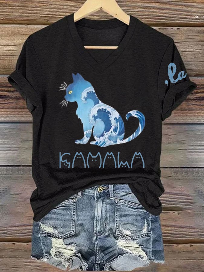 Women's La  Blue Wave Cat Printed Short-Sleeved T-Shirt
