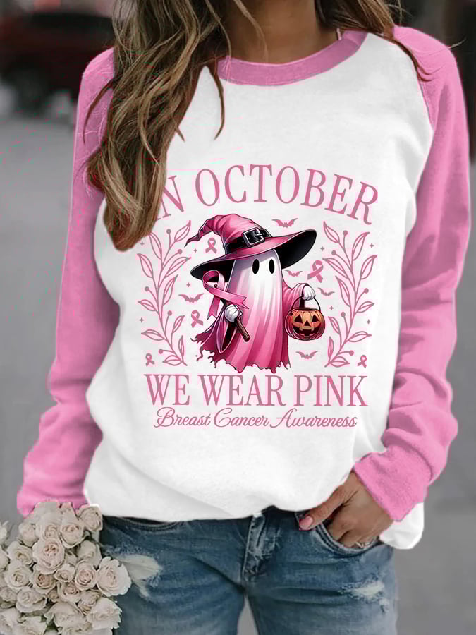 Women's In October We Wear Pink Halloween Ghost Breast Cancer Awareness Warrior Sweatshirt