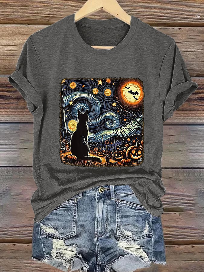 Retro Halloween Van Gogh Starry Night Cat Pumpkins Print T-Shirt