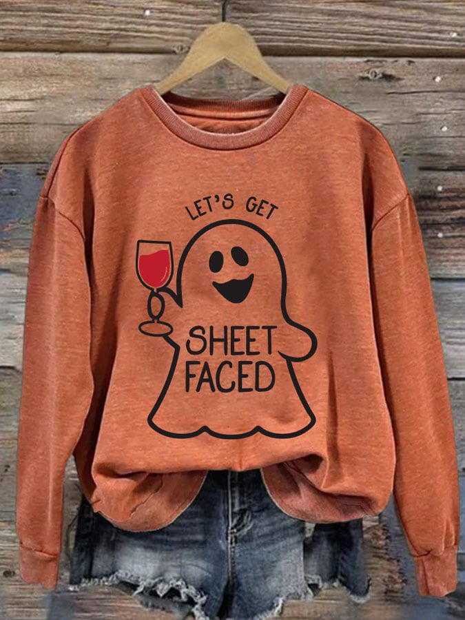 Women'S Halloween Let's Get Sheet Faced Printed Sweatshirt