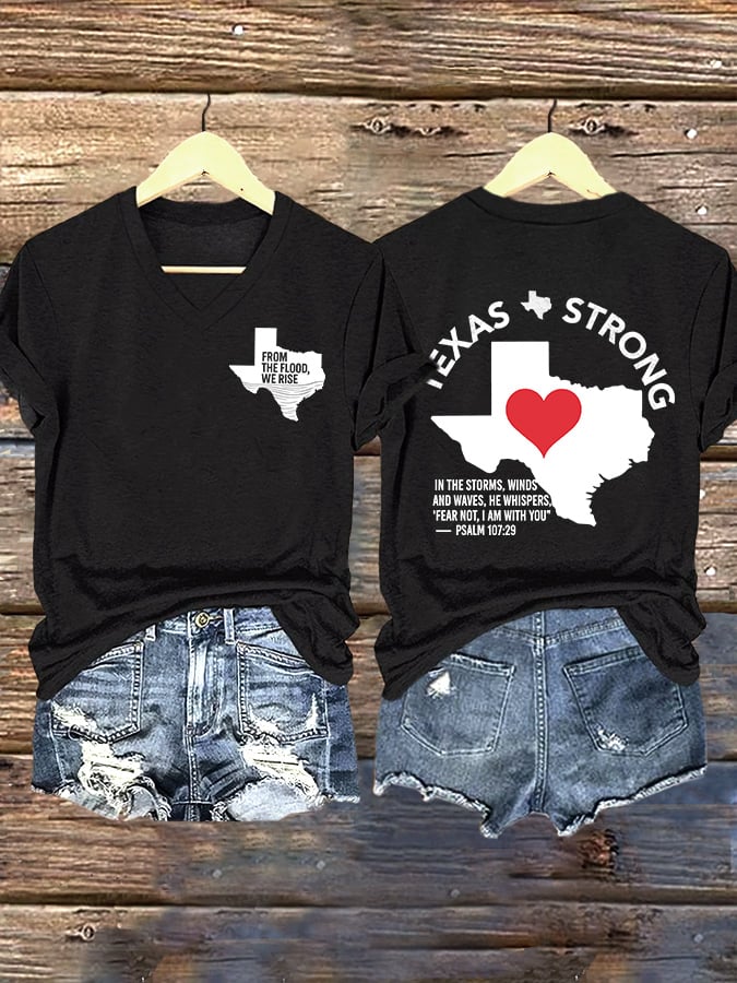 V-Neck Retro Texas Strong From The Flood, We Rise Texas Strong In The Storms, Winds And Waves, He Whispers,“Fear Not, I Am With You”— Psalm 107:29 Print T-Shirt
