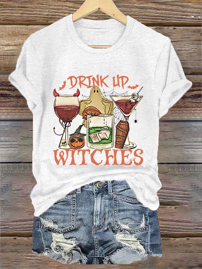 Women's Drink Up Witches Spooky Wine Glass Funny Halloween Casual Tee