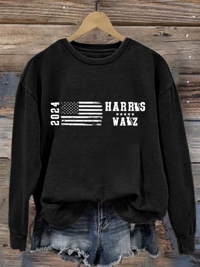 Women's Retro Flag Print Crewneck Sweatshirt