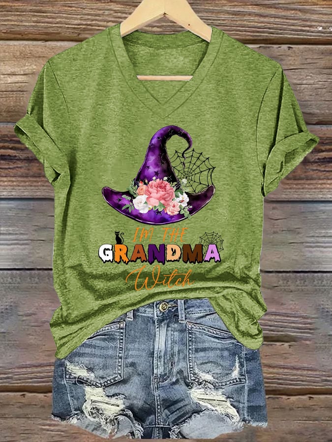 Women's I'm The Grandma Witch Print V Neck T-shirt