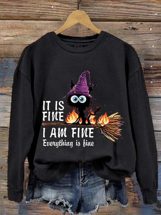 Women's Funny Halloween It's Fine I'm Fine Black Cat Print Crew Neck Sweatshirt
