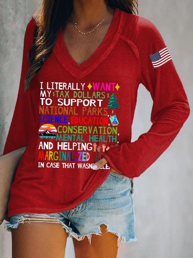 Women's Support National Parks Print V Neck Long Sleeve Shirt