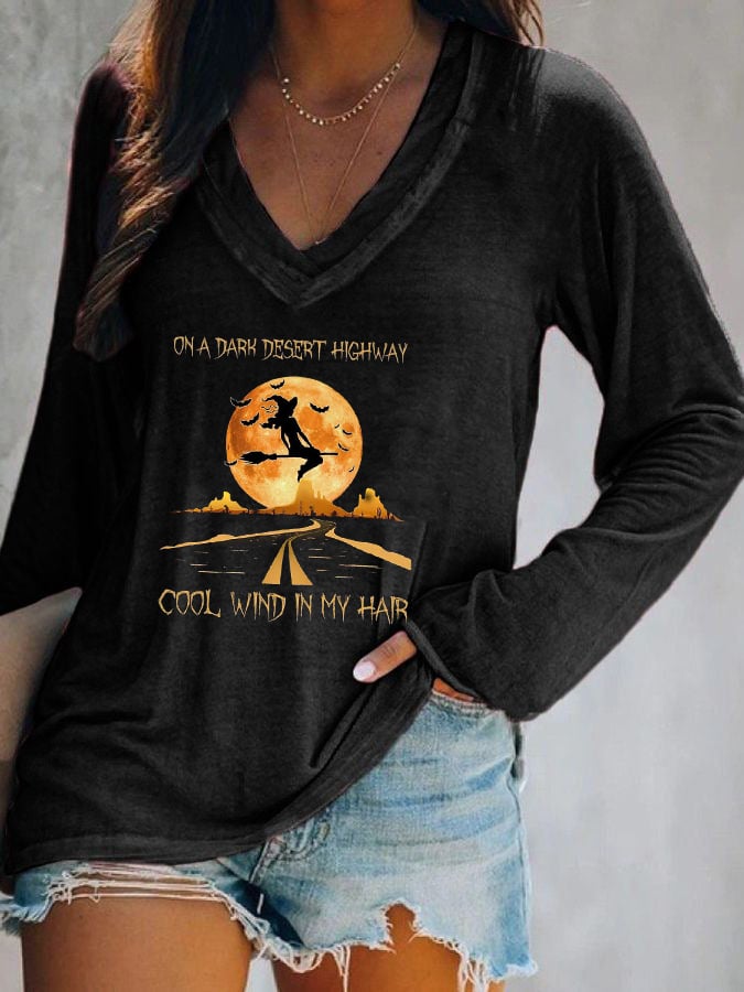 Women's Halloween On A Dark Desert Highway Cold Wind In My Hair Printed V-neck T-shirt