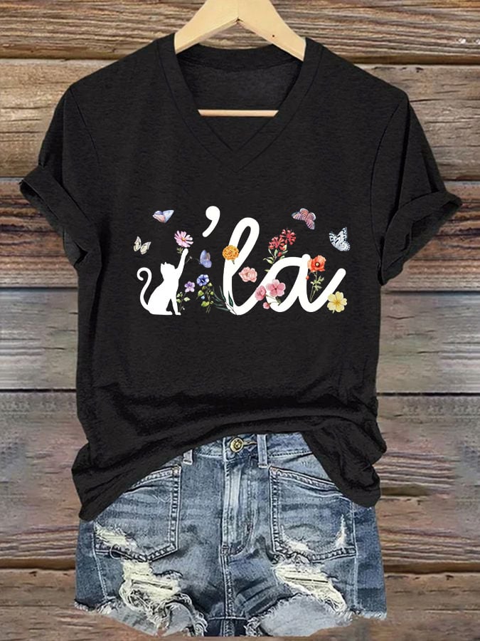 Women's Cute Cat La print casual T-shirt
