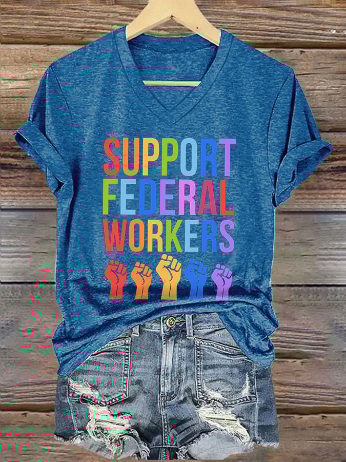 V-neck Retro Support Federal Workers Print T-Shirt