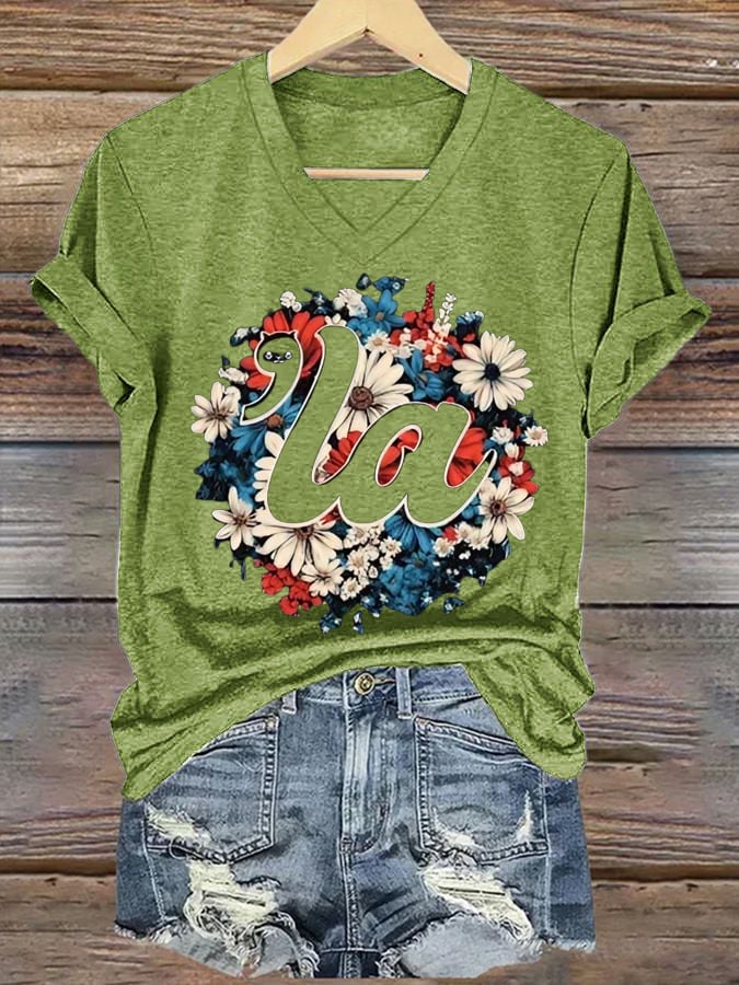 Women's Floral LA Cat Print Casual T-Shirt